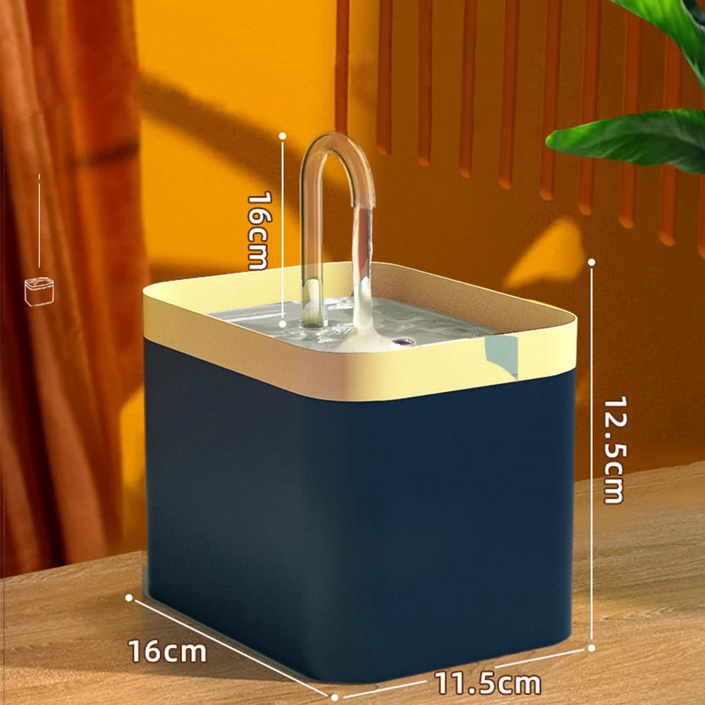 Blue and gold rectangular container with dimensions on a wooden surface and orange wall background