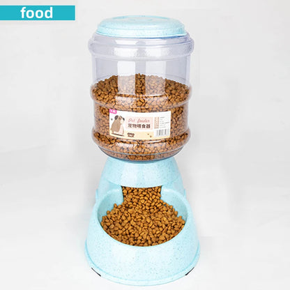 Pet food container with dry kibble on a white background