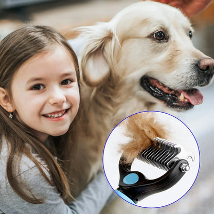 Child with a dog and a close-up of a grooming tool