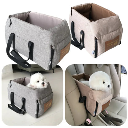 Pet car seat carrier in gray and beige with a small dog inside, shown on a white background.
