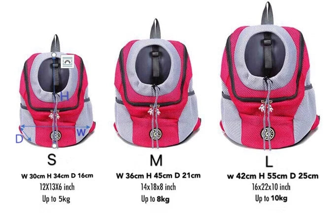 Three sizes of pink pet carrier backpacks with dimensions and weight capacity labels.