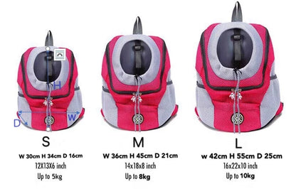 Three sizes of pink pet carrier backpacks with dimensions and weight capacity labels.