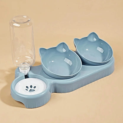 Pet feeding station with two bowls and a water bottle on a beige background