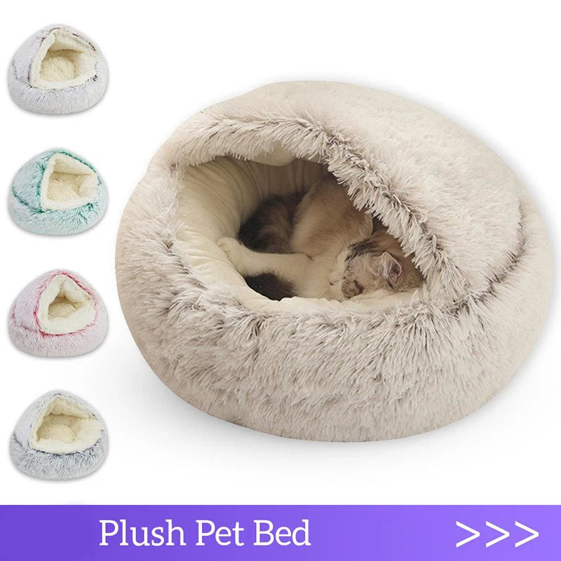 Plush pet bed with a cat inside on a white background