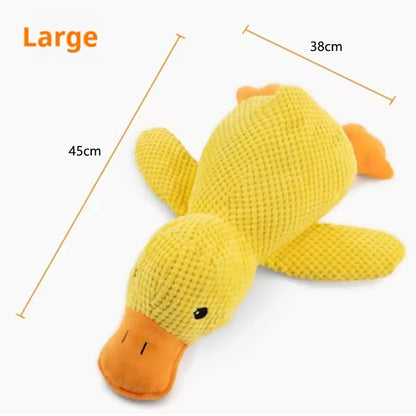 Yellow plush duck toy with measurements on a white background