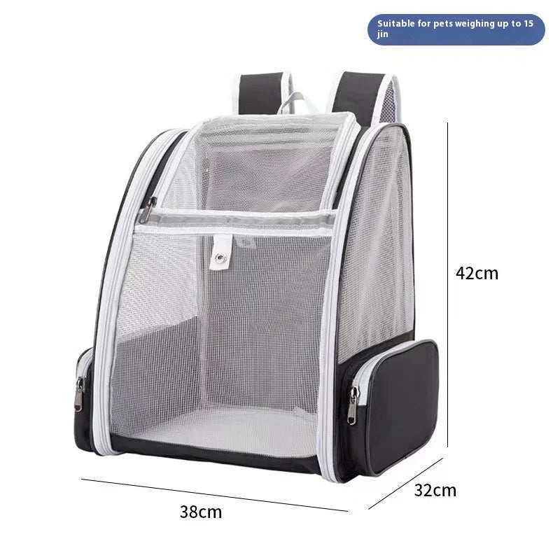Pet carrier backpack with dimensions on a white background