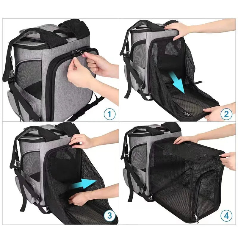 Step-by-step guide on how to use a gray pet carrier with black interior.