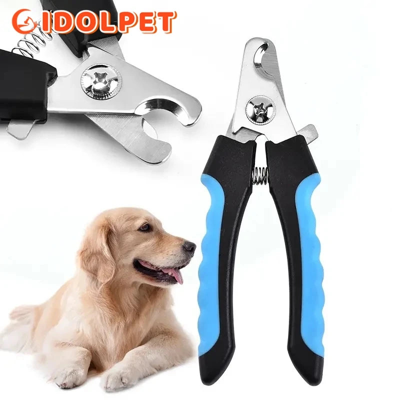 Pet nail clippers with black and blue handles and a dog in the background, branded 'GIDOLPET'.