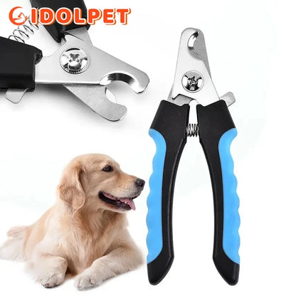 Pet nail clippers with black and blue handles and a dog in the background, branded 'GIDOLPET'.