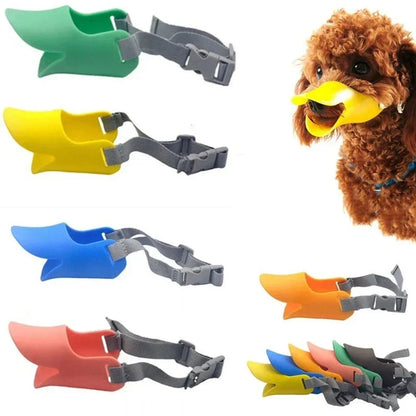 Dog muzzle in various colors with a dog wearing it on a white background