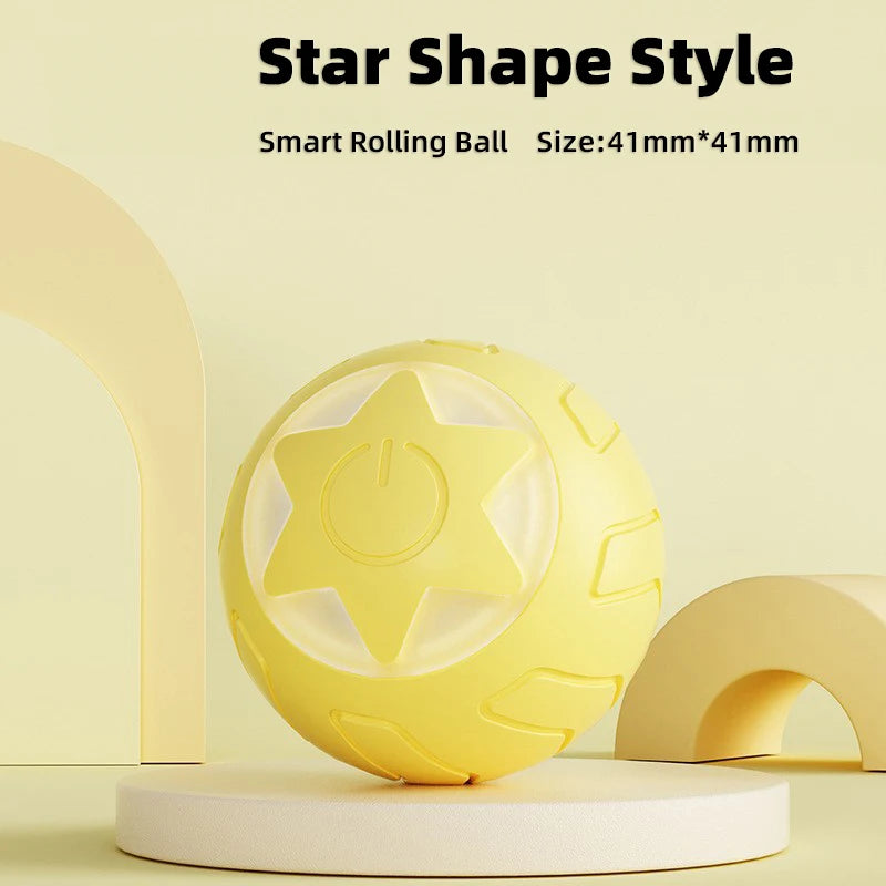 Star-shaped smart rolling ball on a light yellow background with text indicating size.