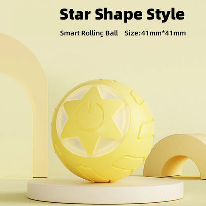 Star-shaped smart rolling ball on a light yellow background with text indicating size.