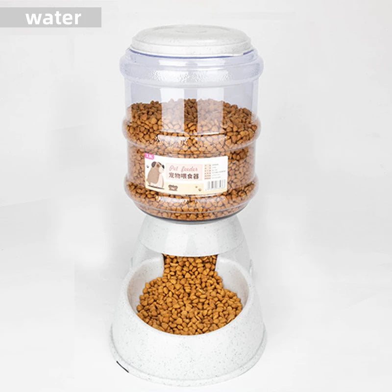 Pet food container with pet food and a label on a white background