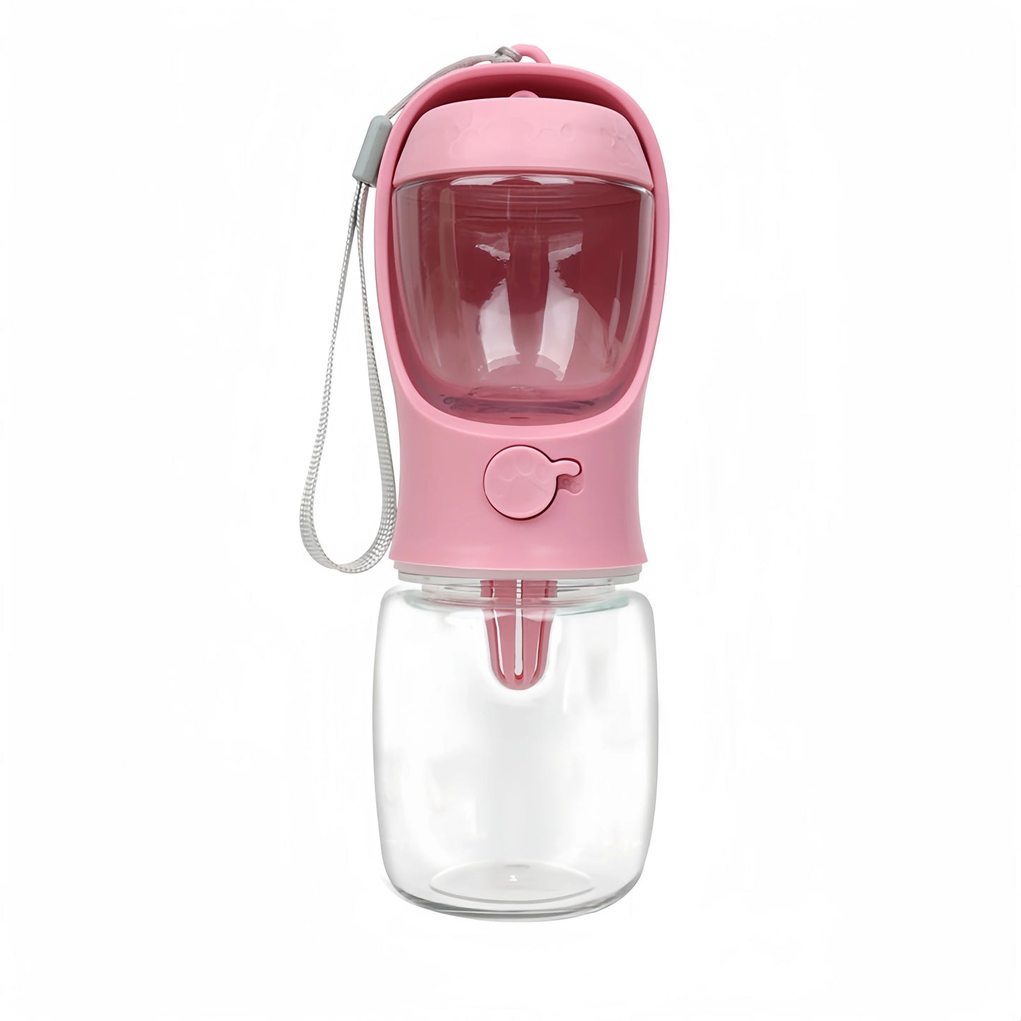 Pink pet water bottle with clear container on a white background