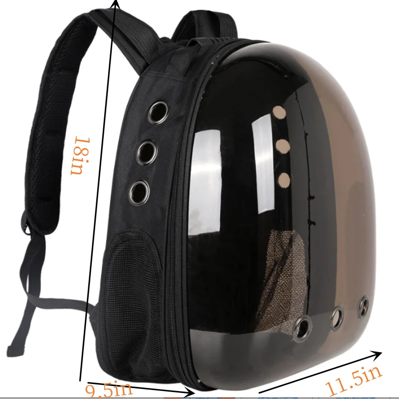 Black pet backpack with measurements on a white background