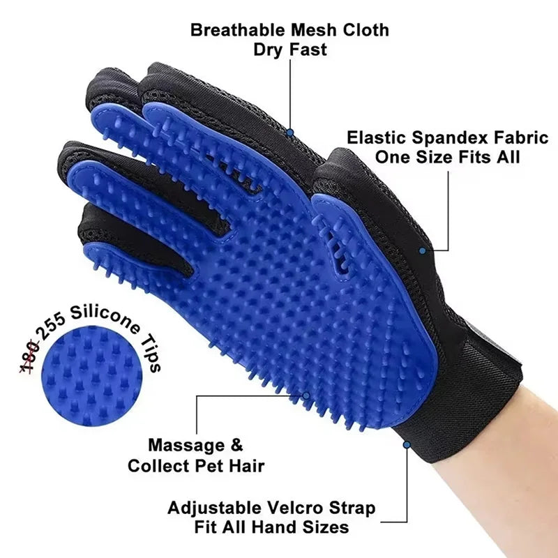 Blue grooming glove with black text detailing features on a white background
