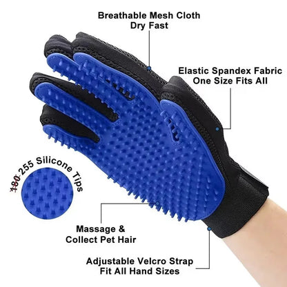 Blue grooming glove with black text detailing features on a white background