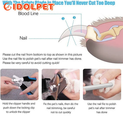 Instructions for using a pet nail trimmer with safety blade, showing proper technique and care.