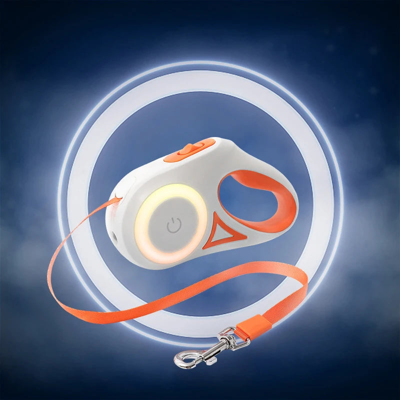 Retractable dog leash with white and orange design on a dark blue background