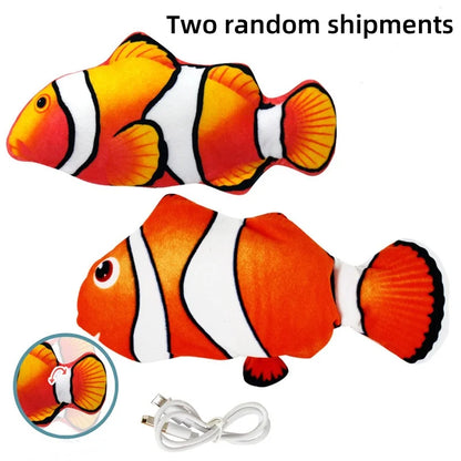 Two clownfish-shaped toys with a charging cable on a white background, labeled 'Two random shipments'.