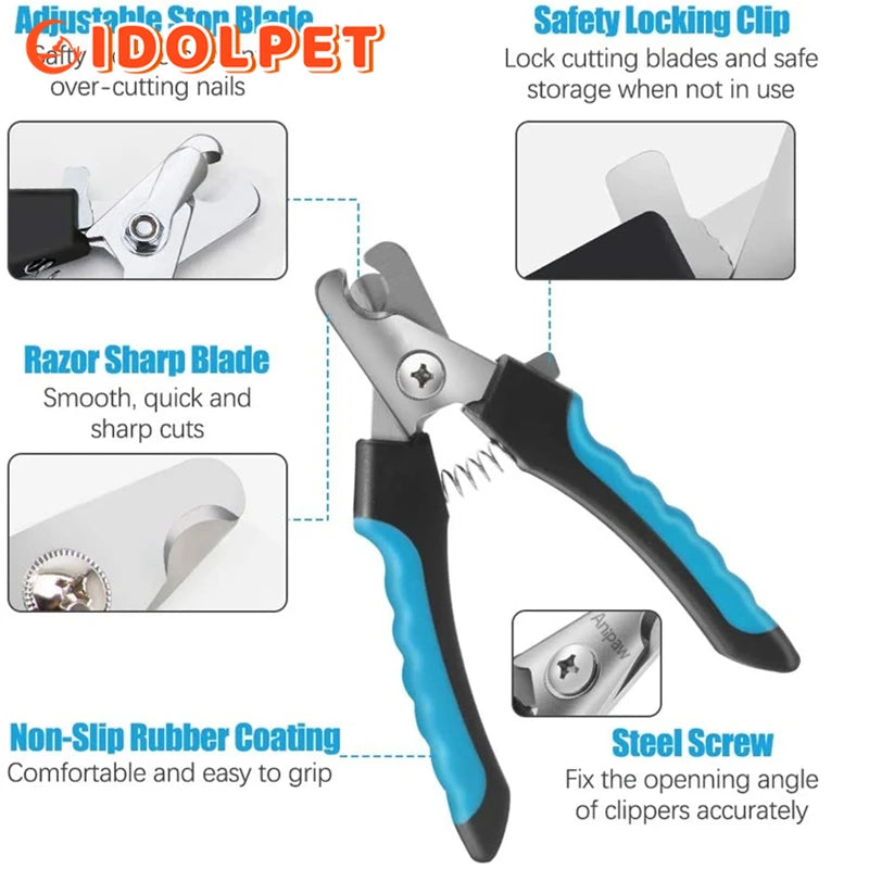 Dog nail clippers with features highlighted on a white background