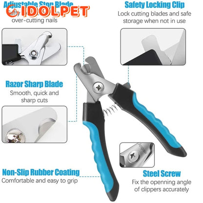 Dog nail clippers with features highlighted on a white background
