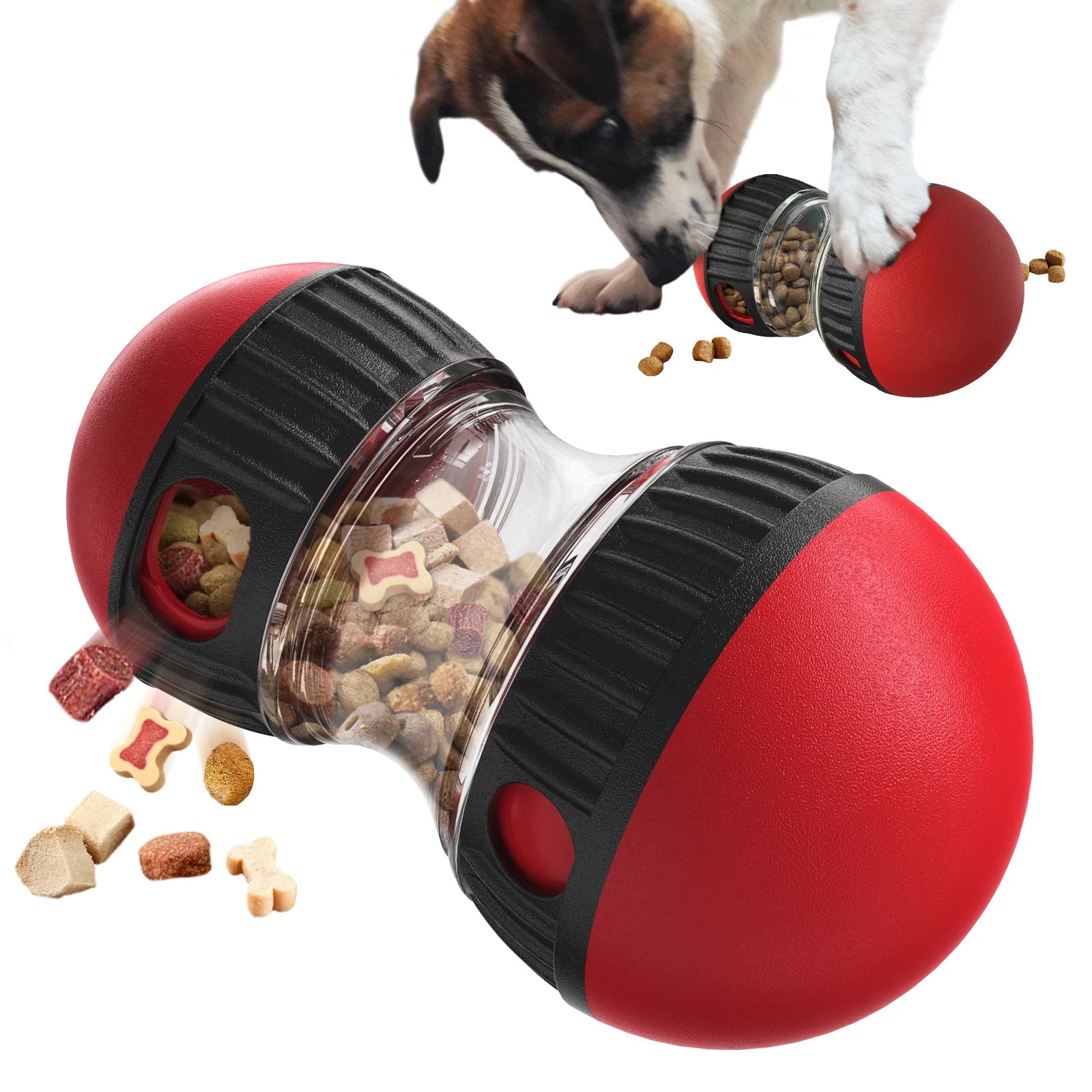 Red and black dog toy with food dispenser and a dog interacting with it.