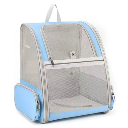 Pet carrier with blue and gray design on a white background