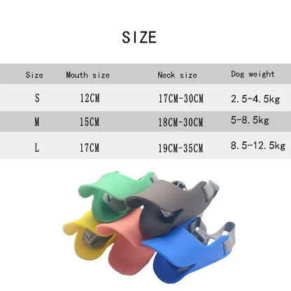 Size chart for dog muzzle with color examples on a white background