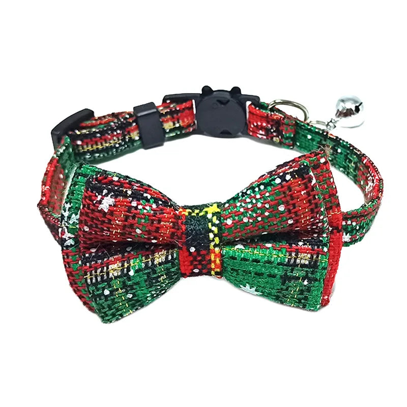 Colorful plaid dog collar with a bow tie on a white background