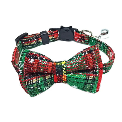 Colorful plaid dog collar with a bow tie on a white background