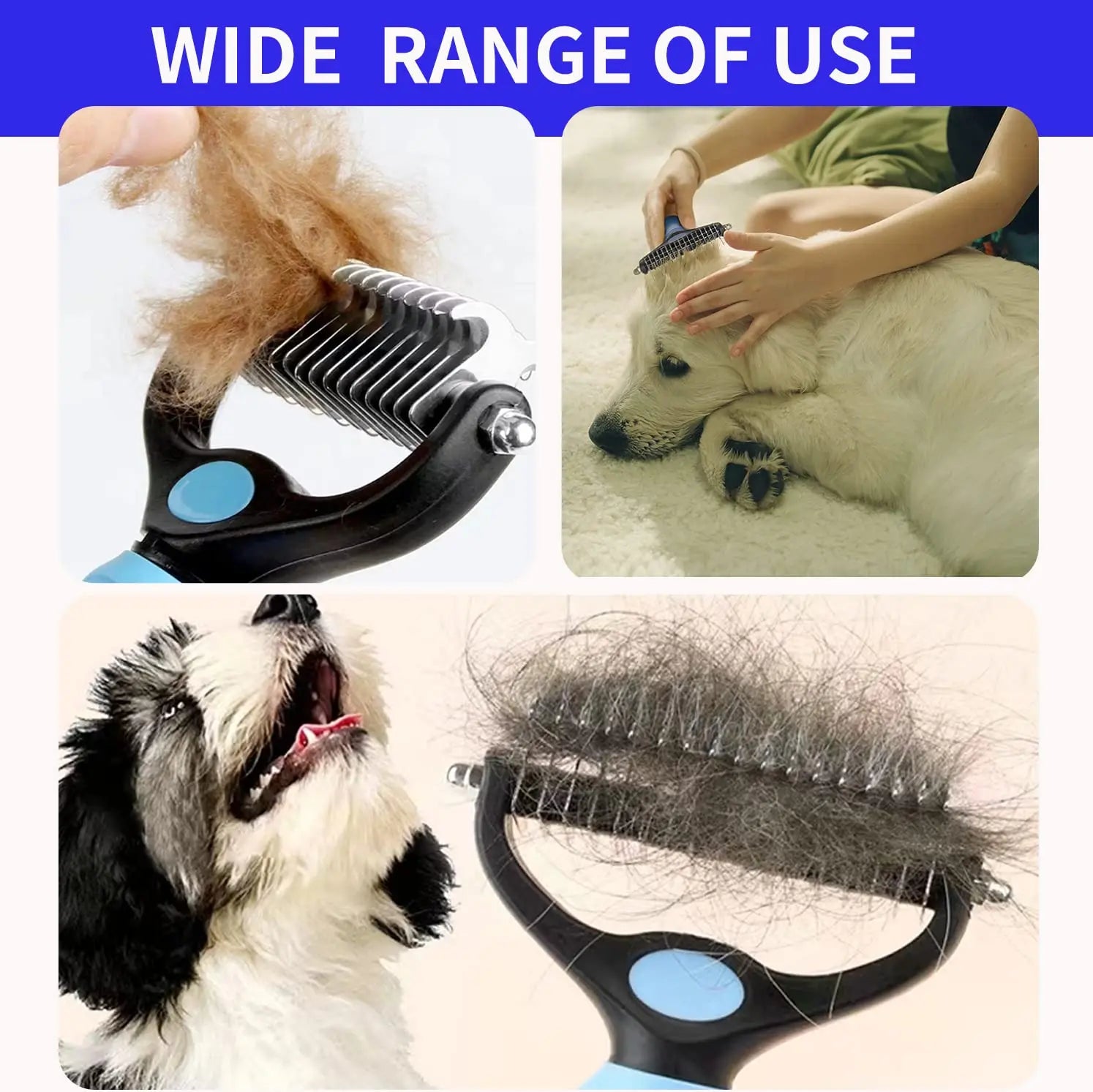Pet grooming comb with images of a dog being groomed and hair collected.