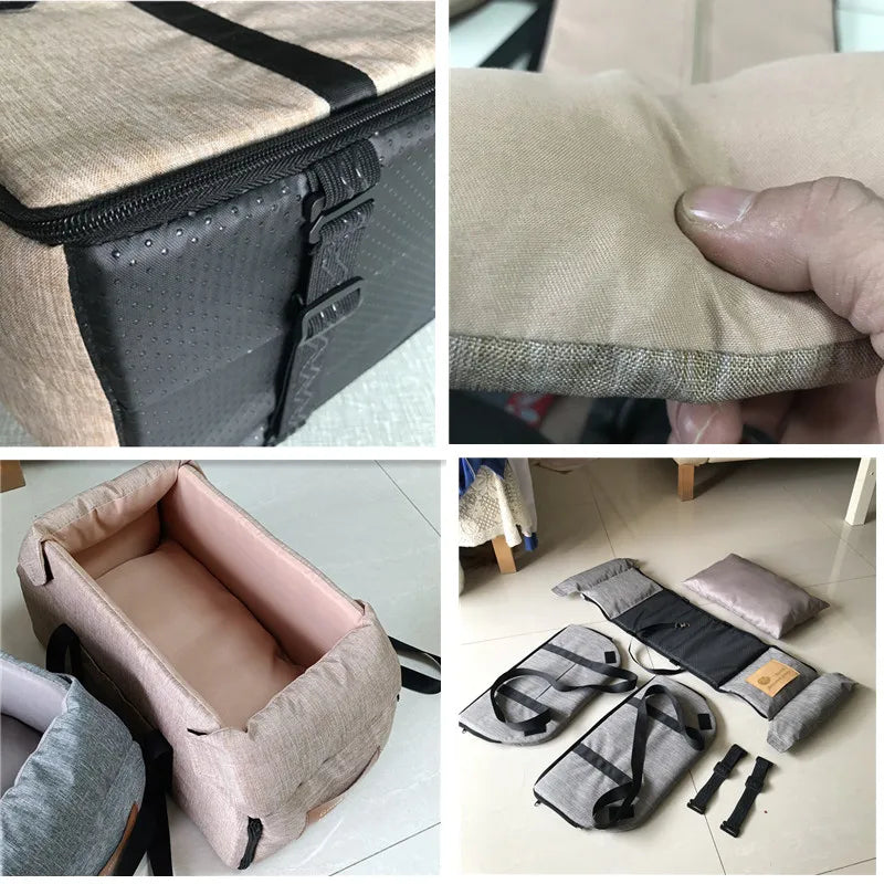 Collage of a beige fabric bag with black straps, being held, and laid flat on a surface.