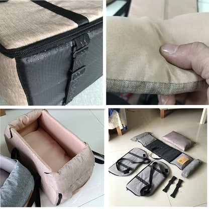 Collage of a beige fabric bag with black straps, being held, and laid flat on a surface.