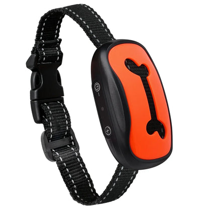 Black dog collar with an orange electronic device on a white background