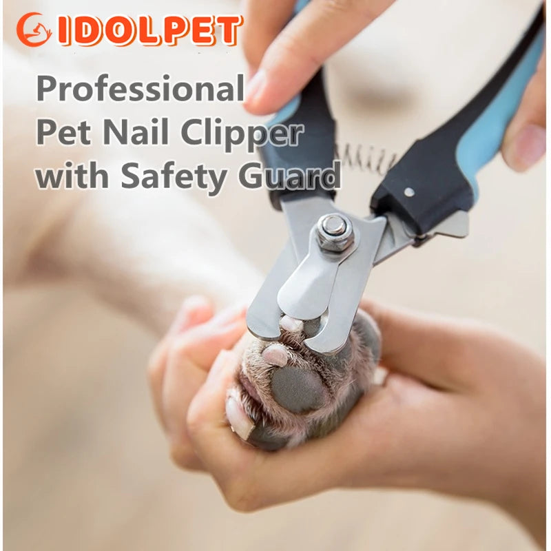 Pet nail clipper with safety guard being used on a pet's paw, branded as IDOLPET.
