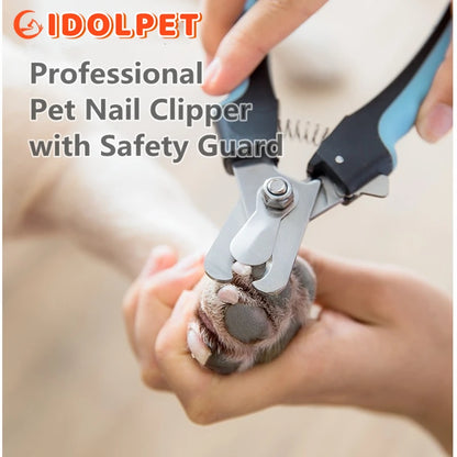 Pet nail clipper with safety guard being used on a pet's paw, branded as IDOLPET.