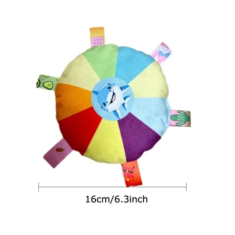 Colorful wheel-shaped toy with cartoon character on a white background