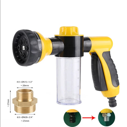 Yellow and black spray gun with nozzle attachment and measurement details on a white background