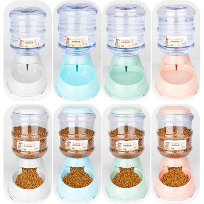 Set of pet water and food dispensers in various colors on a white background