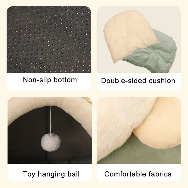 Collage of a cushion with non-slip bottom, double-sided design, toy hanging ball, and comfortable fabrics.