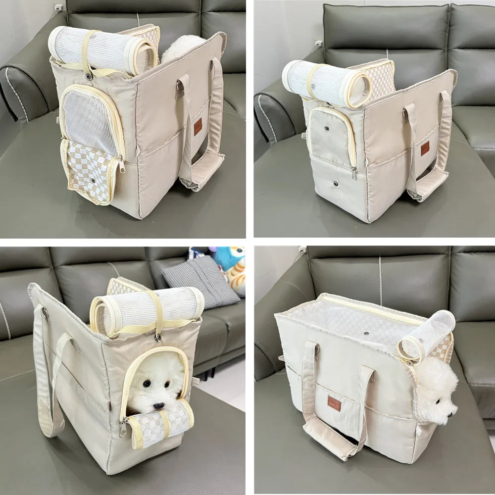 Pet carrier with a plush toy and blanket on a gray surface, shown from multiple angles.