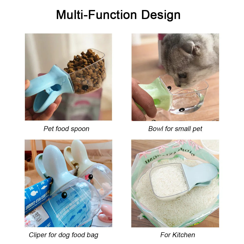 Multi-function pet care tool with various uses including a pet food spoon, bowl for small pets, clipper for dog food bags, and kitchen use.
