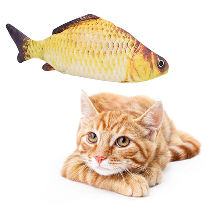 Cat playing with a fish-shaped toy on a white background