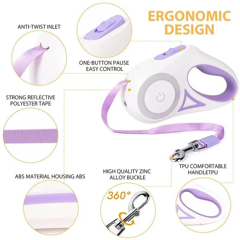 Dog retractable leash with ergonomic design features on a white background