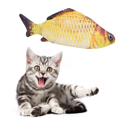Cat playing with a fish-shaped toy on a white background