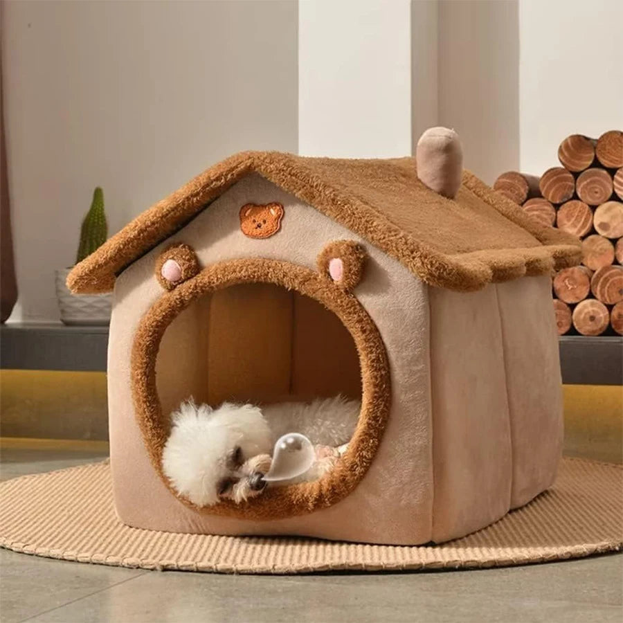 Pet house resembling a wooden cabin with a small dog inside, on a light-colored floor.
