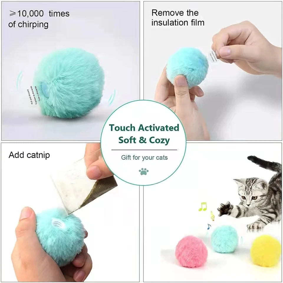 Collage of a fluffy turquoise cat toy with text on touch activation, adding catnip, and a cat playing with it.