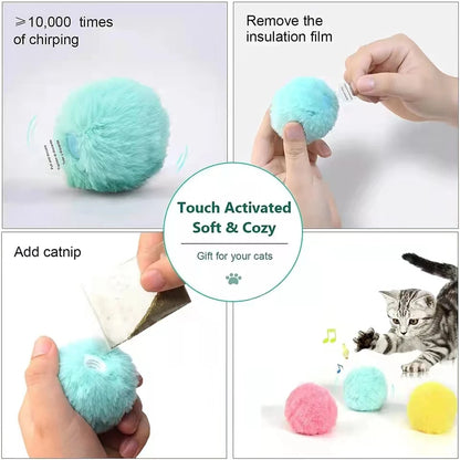 Collage of a fluffy turquoise cat toy with text on touch activation, adding catnip, and a cat playing with it.