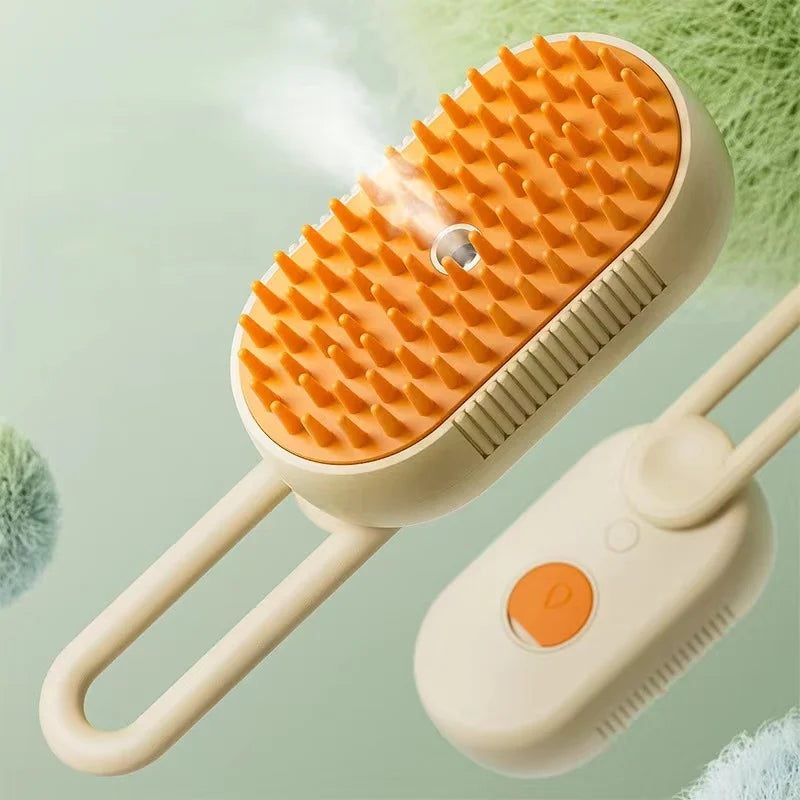 Pet grooming brush with orange bristles on a light green background